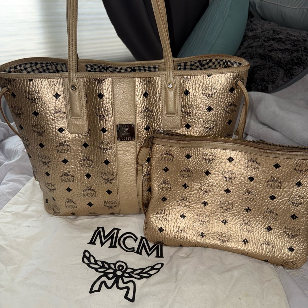 MCM Gold Metallic Tote Bag with Signature Monogram